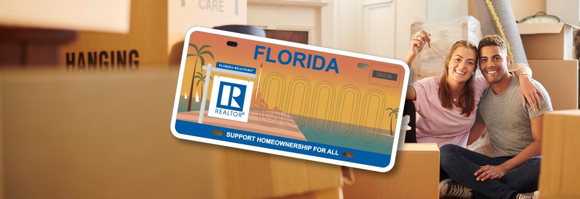 Image of Homeownership for All License plate with couple sitting with boxes