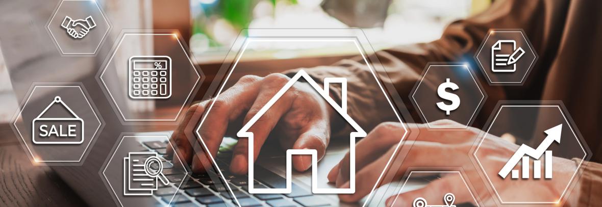 laptop with hands with illustrations of house, dollar sign, handshake and more