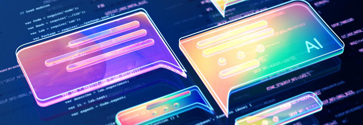 AI Chatbot - stock photo  Digital generated image of abstract AI data chat icons flying over digital surface with codes